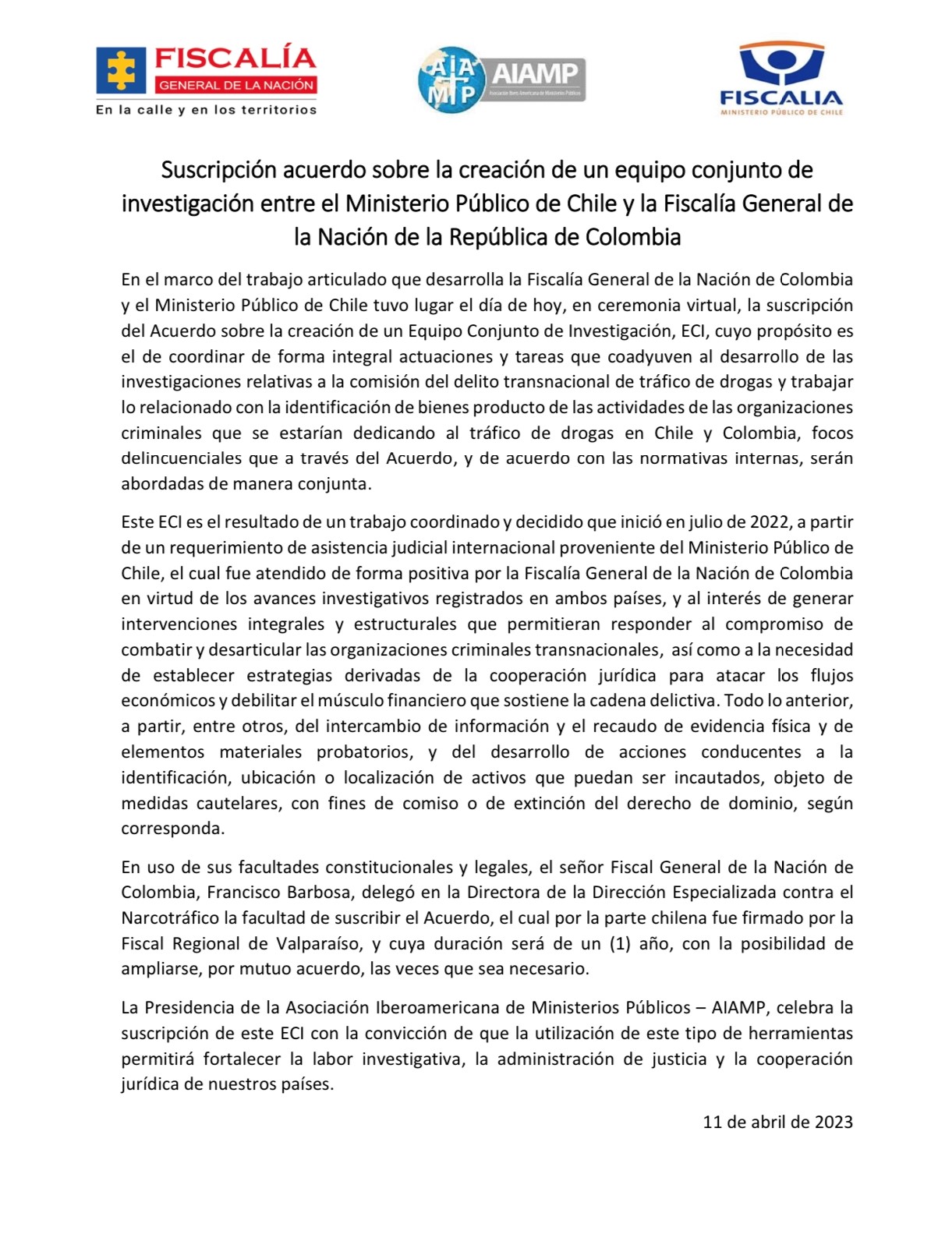 Suscripción acuerdo sobre la creación de un equipo conjunto de investigación entre el Ministerio Público de Chile y la Fiscalía General de la Nación de la República de Colombia