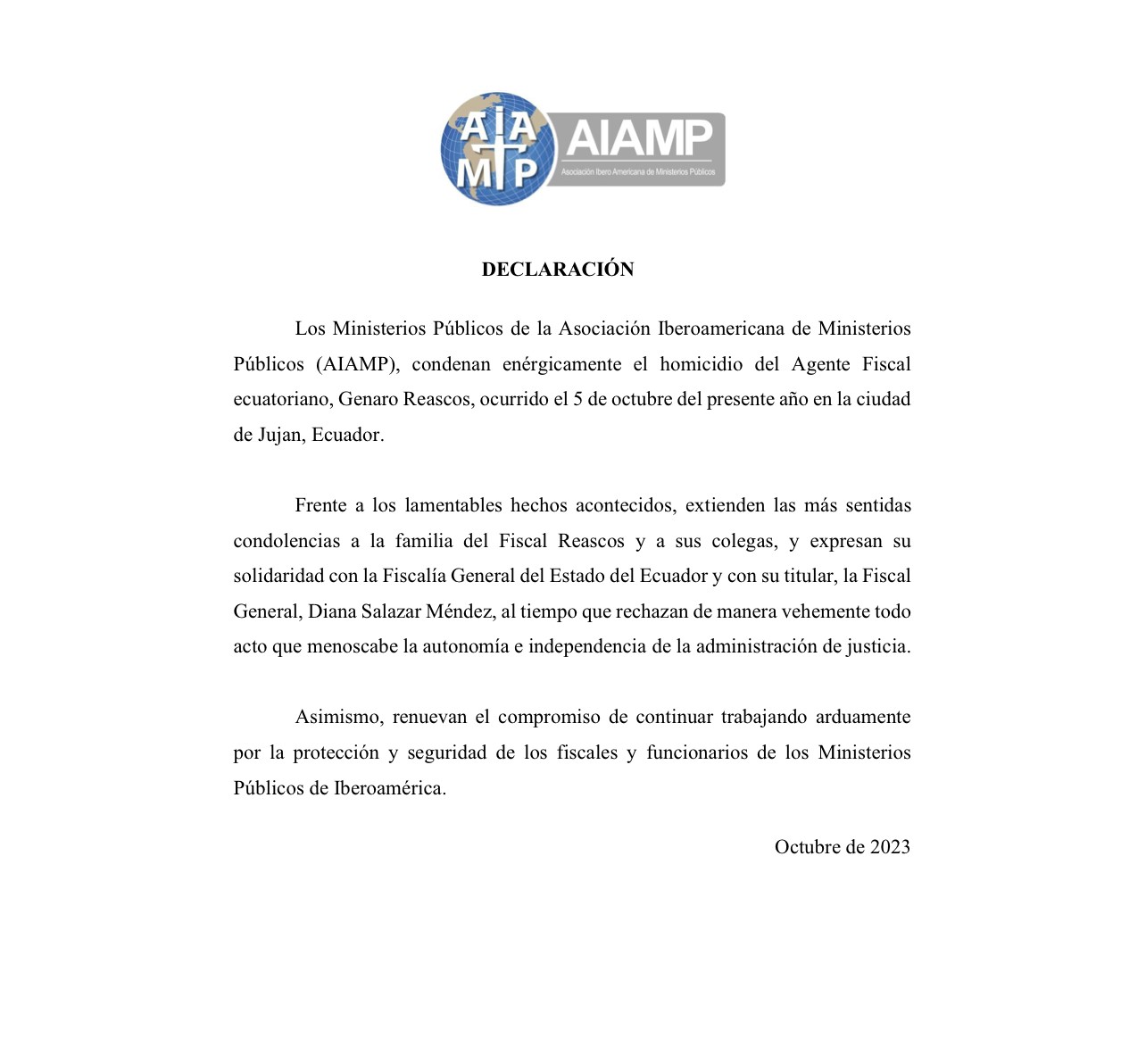 Declaración de los Ministerios Públicos de la Asociación Iberoamericana de Ministerios Públicos de la (AIAMP) de condena por el homicidio del Fiscal ecuatoriano, Genaro Reascos.